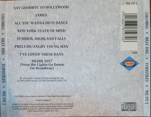 Back cover of a Columbia/Billy Joe Turner 'James' compact disc album, showing tracklist, barcode, and release details on a light blue-gray background.