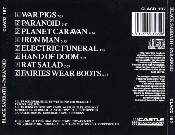 Back cover of a Black Sabbath - Paranoid compilation CD, showing tracklist, barcode, copyright text, and Castle Communications logo on a black background.