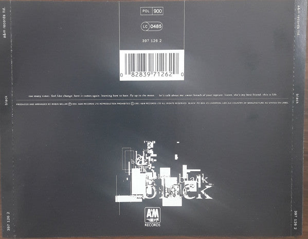 The back cover of a Black Album vinyl record, featuring a dark charcoal background with white text, a barcode, and the AM Records logo at the bottom.