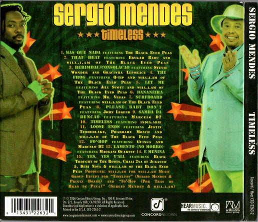 Sergio Mendes 'Timeless' CD album cover artwork, showing the back of the jewel case with track listing, barcode, and artist photos on a dark green background with red star graphics.