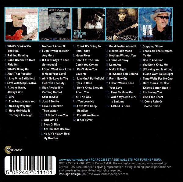 Back cover of a Caravelli CD single release titled 'Rain Shine', showing multiple album art thumbnails, a track list, copyright text, and a barcode.
