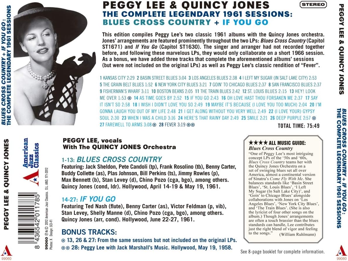 Back cover of a music booklet for 'Peggy Lee & Quincy Jones: The Legendary 1961 Sessions - Blues Cross Country', showing track listings, credits, and a bonus track note on a black background with white text.