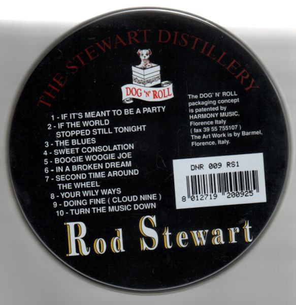 The back of a circular black vinyl record sleeve for Rod Stewart's 'Dog & Roll', showing tracklist text, artist branding, and a barcode on a light gray background.