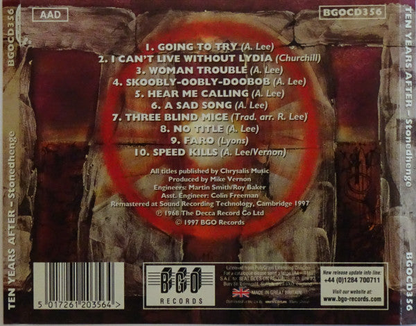 Back cover of the A. Lee album 'Ten Years After' on BGO Records, featuring a tracklist, barcode, and release information over a dark abstract red and brown background.