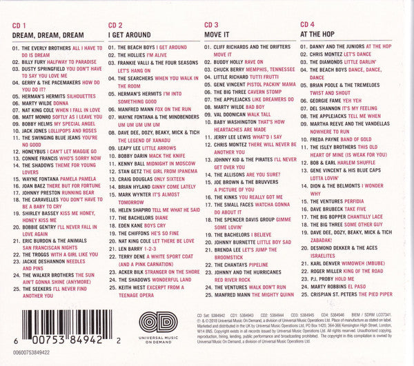 The back cover of a CD album titled 'DREAM, GET AWAY, MOVE IT, AT THE HOP' featuring a tracklist, barcode, and copyright information on a white background.