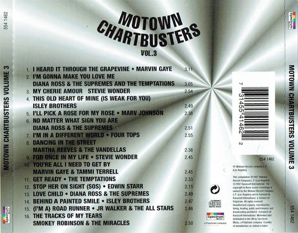 The back cover of the Motown Chartbusters Vol. 3 CD album, featuring a silver metallic burst design, tracklist on the left, barcode, and copyright details on the right.