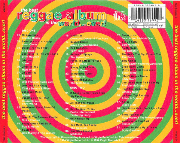 The back cover of the vinyl record 'The Best Reggae Album in the World Ever!' featuring a vibrant pink, orange, yellow, and green concentric circle design with track listings and a barcode.