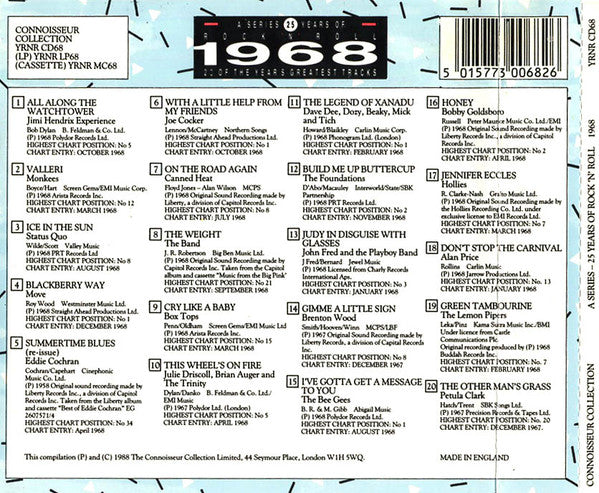 Back cover of a compilation music single titled '1968' from Conneezer Collection, showing track listings, barcode, artist names, and release details on a white background.