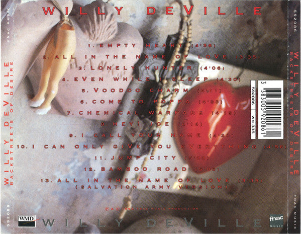 The back cover of the CD album 'Willy Deville: Works of Desire' featuring a collage of vintage photographs of a woman in a white dress, red tracklist text, and a barcode on a gray background.