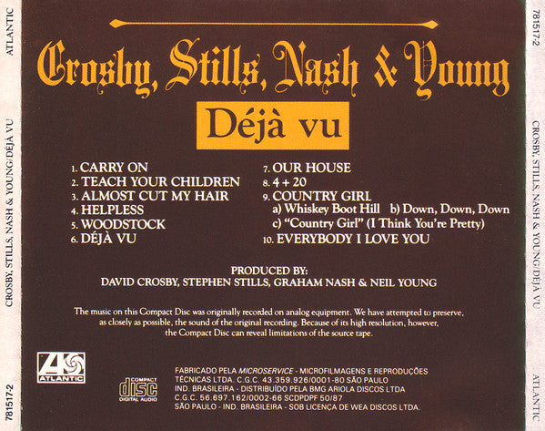 Crosby, Stills, Nash & Young - Déjà vu album cover, featuring a dark brown background with gold and white text and tracklist details.