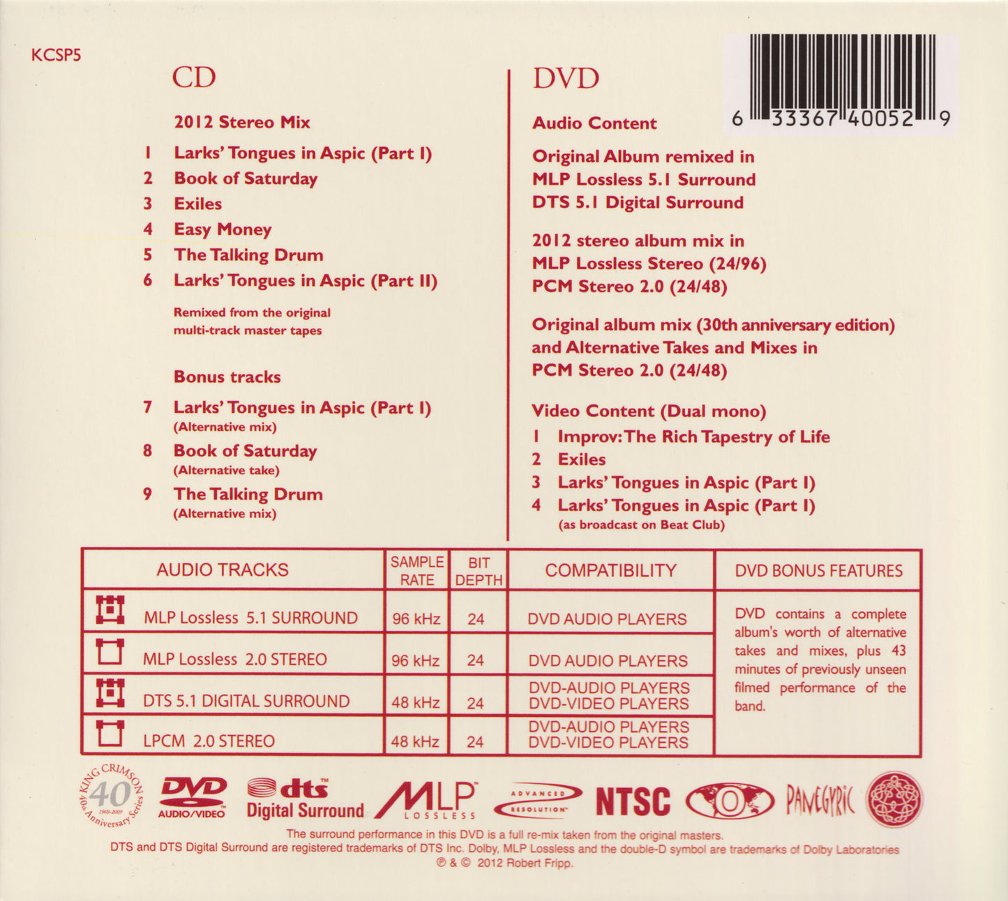 Larks' Tongues in Aspic — King Crimson back cover