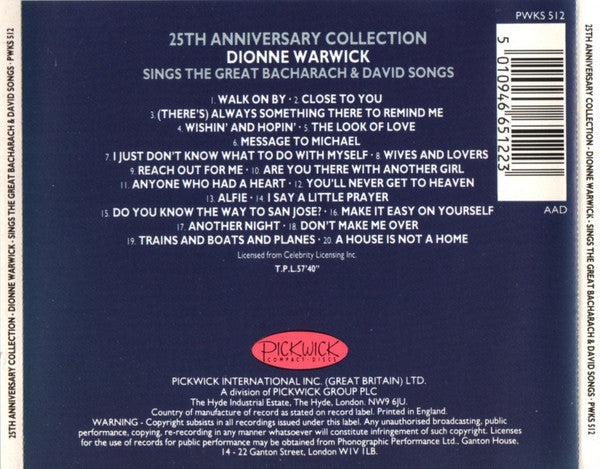 25th Anniversary Collection: Dionne Warwick Sings the Great Bacharach & David — Dionne Warwick back cover