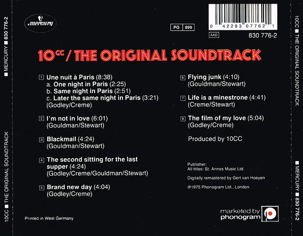 The back cover of the 10CC '10cc / The Original Soundtrack' CD, featuring track listings, barcode, and publisher and label logos on a black background.