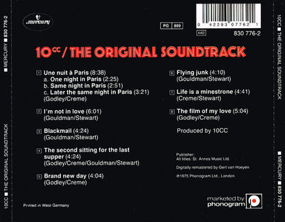 The back cover of the 10CC '10cc / The Original Soundtrack' CD, featuring track listings, barcode, and publisher and label logos on a black background.