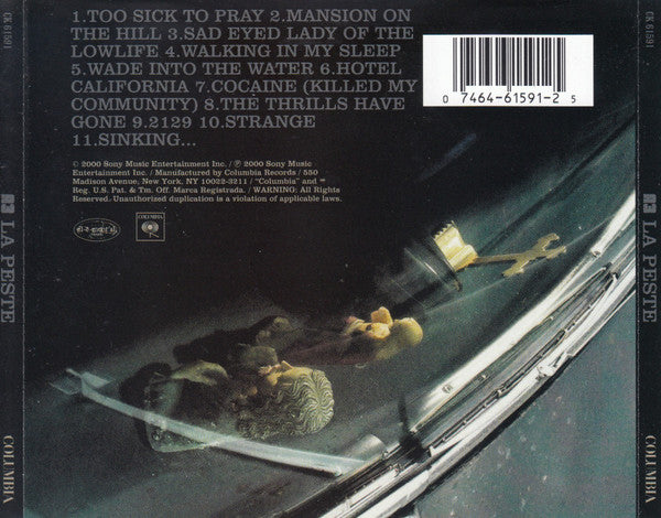 Back cover of the CD release of La Peþte's 'Cool and Kind' album, featuring a dark sci-fi illustration of a spaceship interior with a figure floating in space, a barcode, and tracklist text.