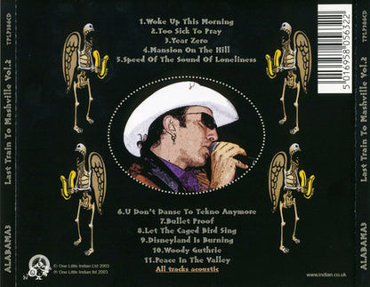CD jewel case back cover for 'Last Train To Nashville Vol. 2' by Alabama, featuring a black background with a central portrait of the artist, four winged skeleton figures, and printed tracklist and barcode.