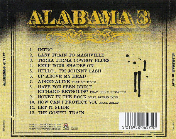 Back cover of the CD album 'Alabama 3' by outlaw music group Alabama, featuring a gold and beige background with a tracklist, artist logo, and barcode.