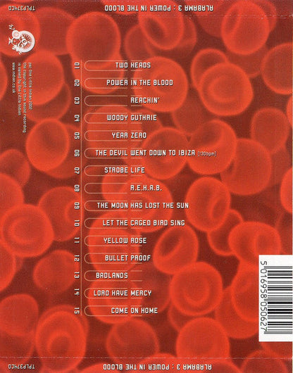 Album cover artwork for 'Power in the Blood' by Die Pac-Lisa Lennon, featuring a red background pattern of red blood cells with white text listing the 15 track titles and a barcode in the top right.