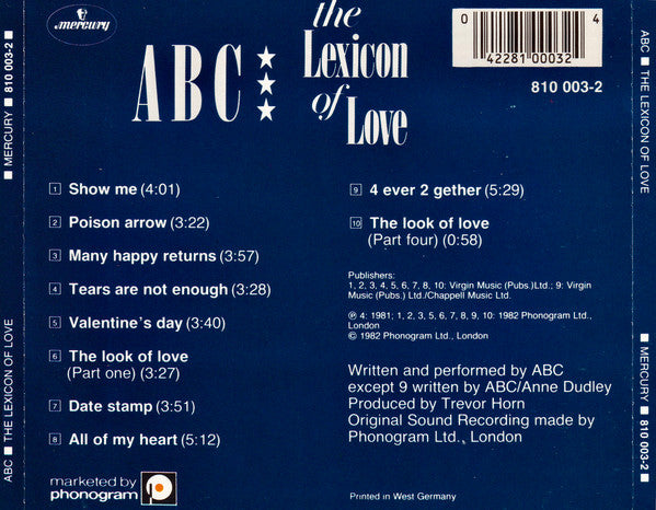 The back cover of the ABC 'The Lexicon of Love' vinyl record album, featuring a dark blue background with white text, track listings, barcode, and publisher details.