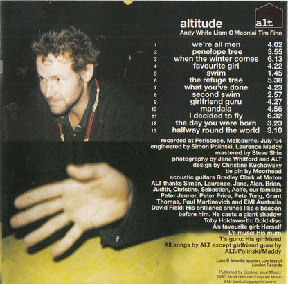 Album cover art for Andy White Lism's 'altitude', featuring a black background with a stylized photo of the band members on the left and white text listing track titles and artist information on the right.