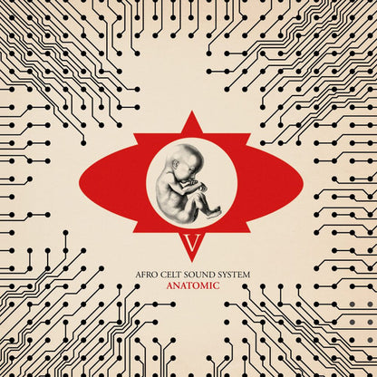 Album cover art for 'Anatomic' by Afro Celt Sound System, featuring a red six-pointed star with a grayscale fetus illustration in the center, set against a beige background with black circuit board patterns radiating from the corners.