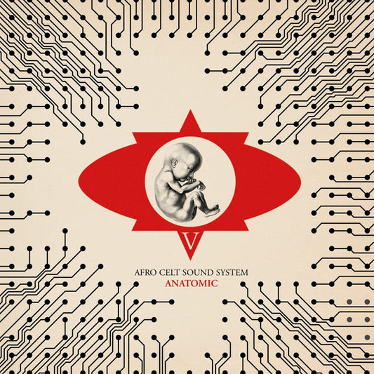 Album cover art for 'Anatomic' by Afro Celt Sound System, featuring a red six-pointed star with a grayscale fetus illustration in the center, set against a beige background with black circuit board patterns radiating from the corners.