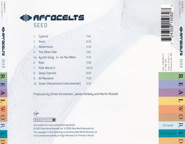 The back cover of the Afrocelts 'Seed' vinyl record, showing the track list, production credits, barcode, and side labels on a white background with a faint abstract pattern.