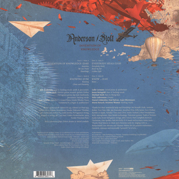 The back cover of the Anderson / Bjork 'Invention of Knowledge' vinyl record, featuring a textured blue background with red abstract shapes, paper airplanes, and a hot air balloon illustration.