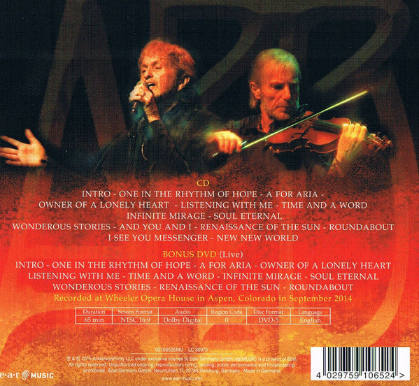 Back cover of a CD album for 'Live' featuring two male singers and violinists performing on stage, with track listings and release details printed on a fiery orange and red background.