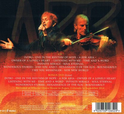 Back cover of a CD album for 'Live' featuring two male singers and violinists performing on stage, with track listings and release details printed on a fiery orange and red background.
