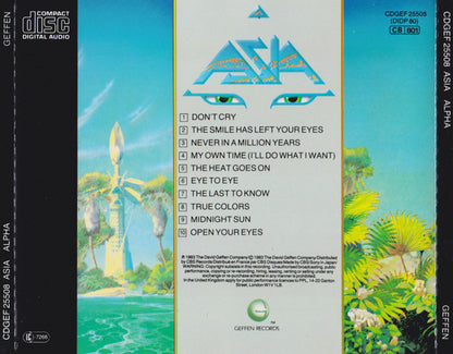 A vintage Compact Disc album cover for Geffen Records' 'Asia Alpha' featuring the tracklist on the front cover with tropical artwork of a lighthouse and palm trees.