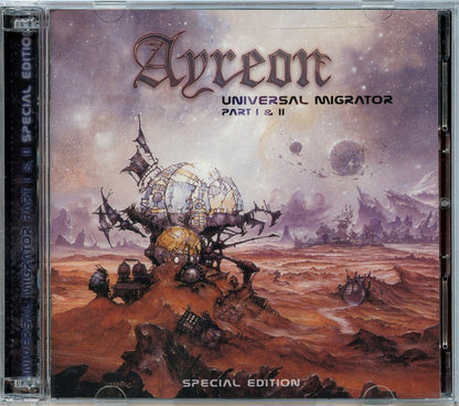 A CD jewel case for the video game 'Aureon: Universal Migrator Part I & II' Special Edition, featuring fantasy sci-fi cover art of a large metallic dome structure in a barren orange-brown landscape under a cloudy purple sky.