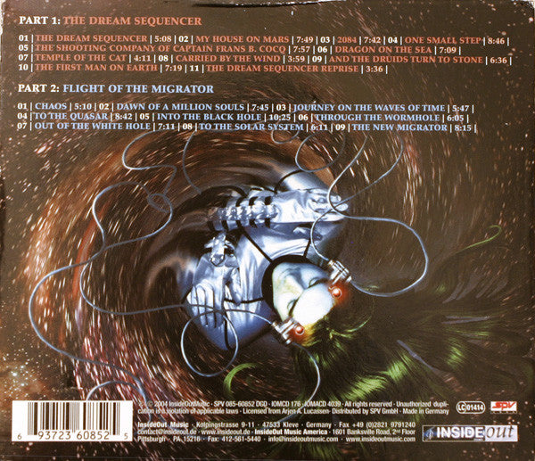 The back cover of the Inside Out! 2CD release of the album 'The Dream Sequencer' by Spv Music. The cover features a detailed sci-fi illustration of a hand holding a glowing green orb, surrounded by swirling cosmic dust and a spaceship, with a tracklist and barcode.