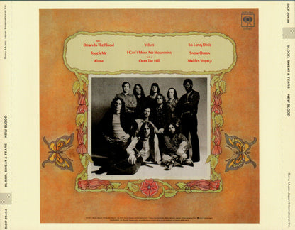  album cover for 'New Blood: Blood, Blood & Tears' by the band The Band, featuring a sepia-orange background with a central black-and-white group photo and decorative floral border details.