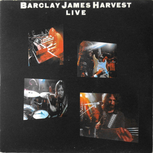 Album cover for 'Barclay James Harvest Live' with four images of band members on a black background.