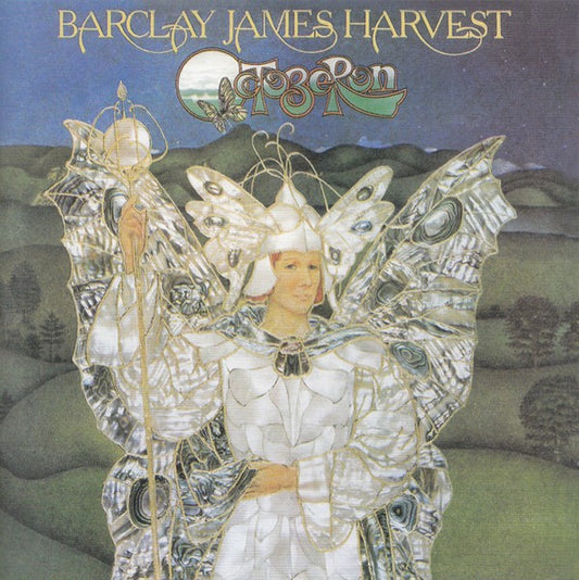 Album cover for Barclay James Harvest's 'Octopus', featuring a stylized illustration of a woman with large metallic silver octopus tentacles forming her wings and headpiece, set against a blue sky and green hills background.