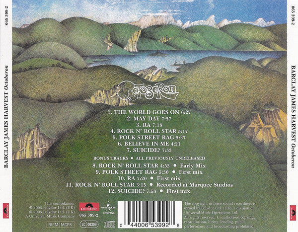 Back cover of Barclay James Harvest 'Odeon' CD album, featuring a stylized landscape illustration of rolling green hills, a winding blue river, and mountains under a pale sky. Tracklist and barcode are printed on the cover.