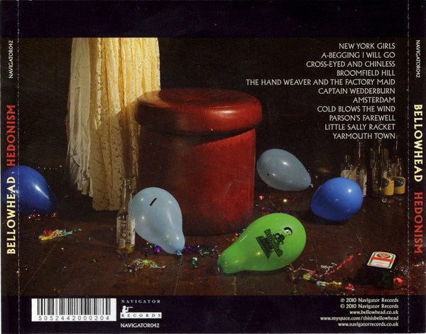 The back cover of the Bellowhead 'Hedonism' CD album, featuring a dark, moody still life painting of a red cylindrical stool, blue and green balloons, and a cream curtain, with tracklist text on a black background.