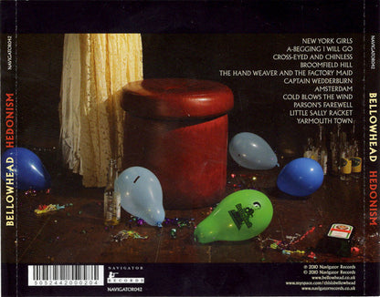 The back cover of the Bellowhead 'Hedonism' CD album, featuring a dark, moody still life painting of a red cylindrical stool, blue and green balloons, and a cream curtain, with tracklist text on a black background.