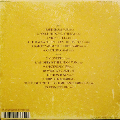 The back cover of a vinyl record sleeve for Kingdom Belief's 'Whiskey Is The Life Of Man', featuring a textured yellow background with black track listing text and a barcode at the bottom left.