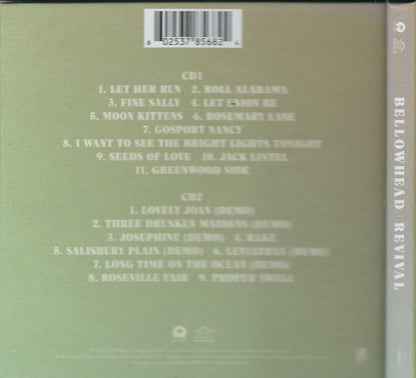 The back cover of the CD album 'Bellowhead Revival' by the band 'Let Her Run', showing track listings for both CD1 and CD2 on a muted sage green background.