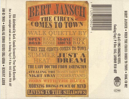 The back cover of a Bert Jansch vinyl record sleeve, showing track listings, a barcode, and printed text on a cream background with orange and brown poster-style panels.