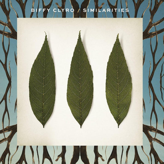 Album cover with three green leaves on a white background, surrounded by tree branches.