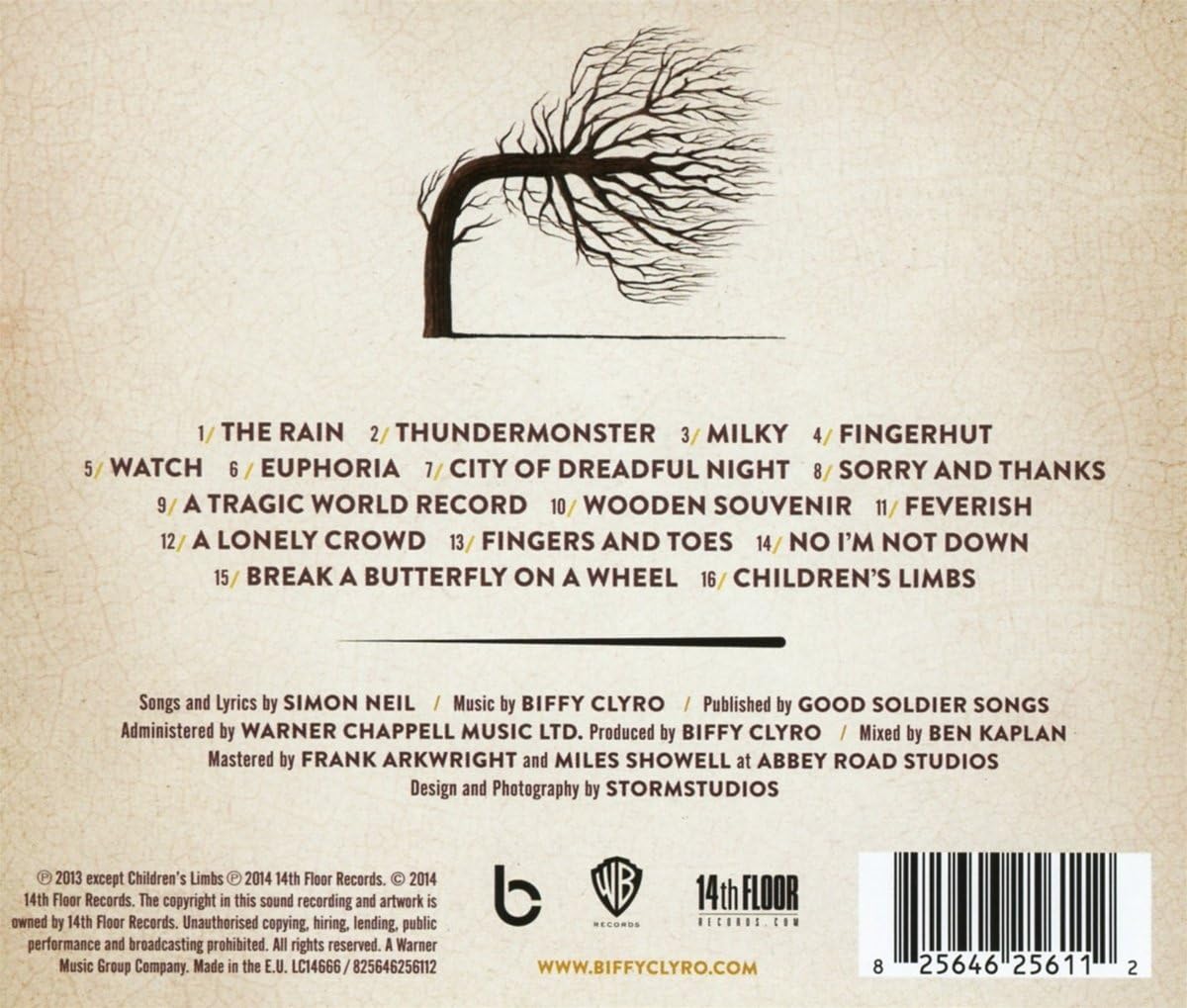 The back cover of a music album featuring a tracklist, credits, and a barcode on a textured beige background with a tree illustration at the top.