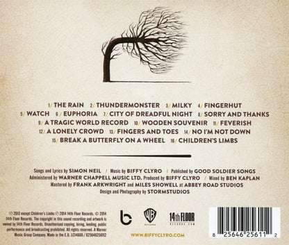 The back cover of a music album featuring a tracklist, credits, and a barcode on a textured beige background with a tree illustration at the top.