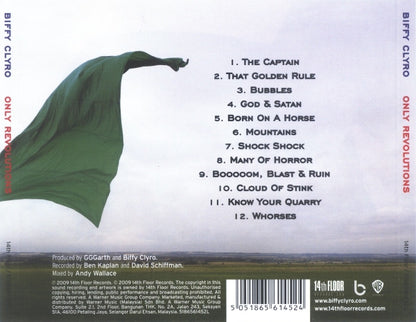 Rear cover of Biffy Cyro's 'Only Revolutions' album on 14in Floor Records, featuring a green cape against a cloudy sky with a tracklist on the right and barcode at the bottom.