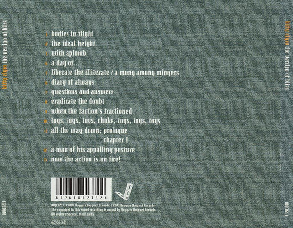The back cover of a book or album titled 'The Persecutor of Bliss' by Regan Hughes, featuring a textured sage green background with white text listing track titles and a barcode.