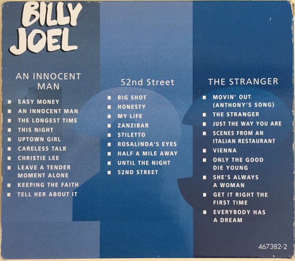 The back cover of a vinyl record for Billy Joel's album 'An Innocent Man', featuring a blue and gray geometric design with tracklist text.