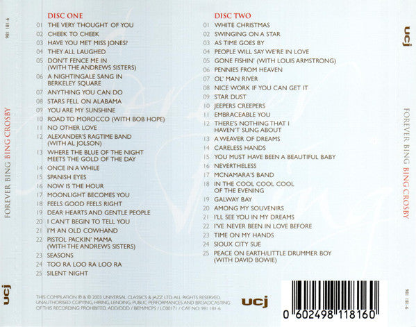 Back cover of a music compilation CD titled 'Forever Ring Bing Crosby' with track listings for Disc One and Disc Two, a barcode, and UCL branding on a white background.