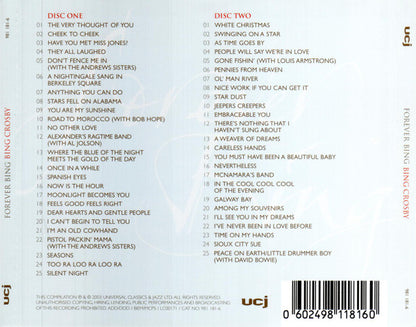 Back cover of a music compilation CD titled 'Forever Ring Bing Crosby' with track listings for Disc One and Disc Two, a barcode, and UCL branding on a white background.